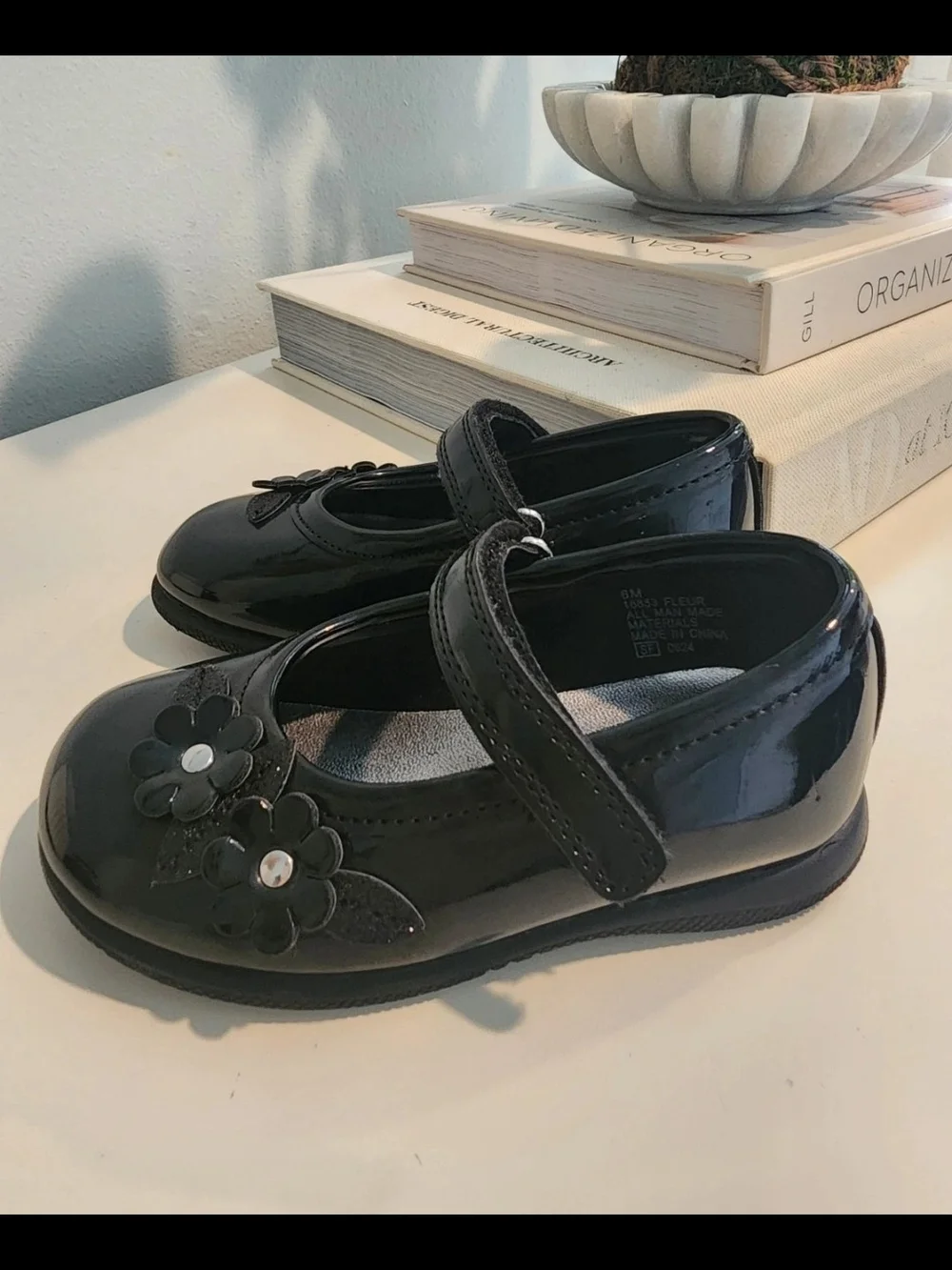 Rachel Shoes Black Patent Mary Janes with Flower Accent